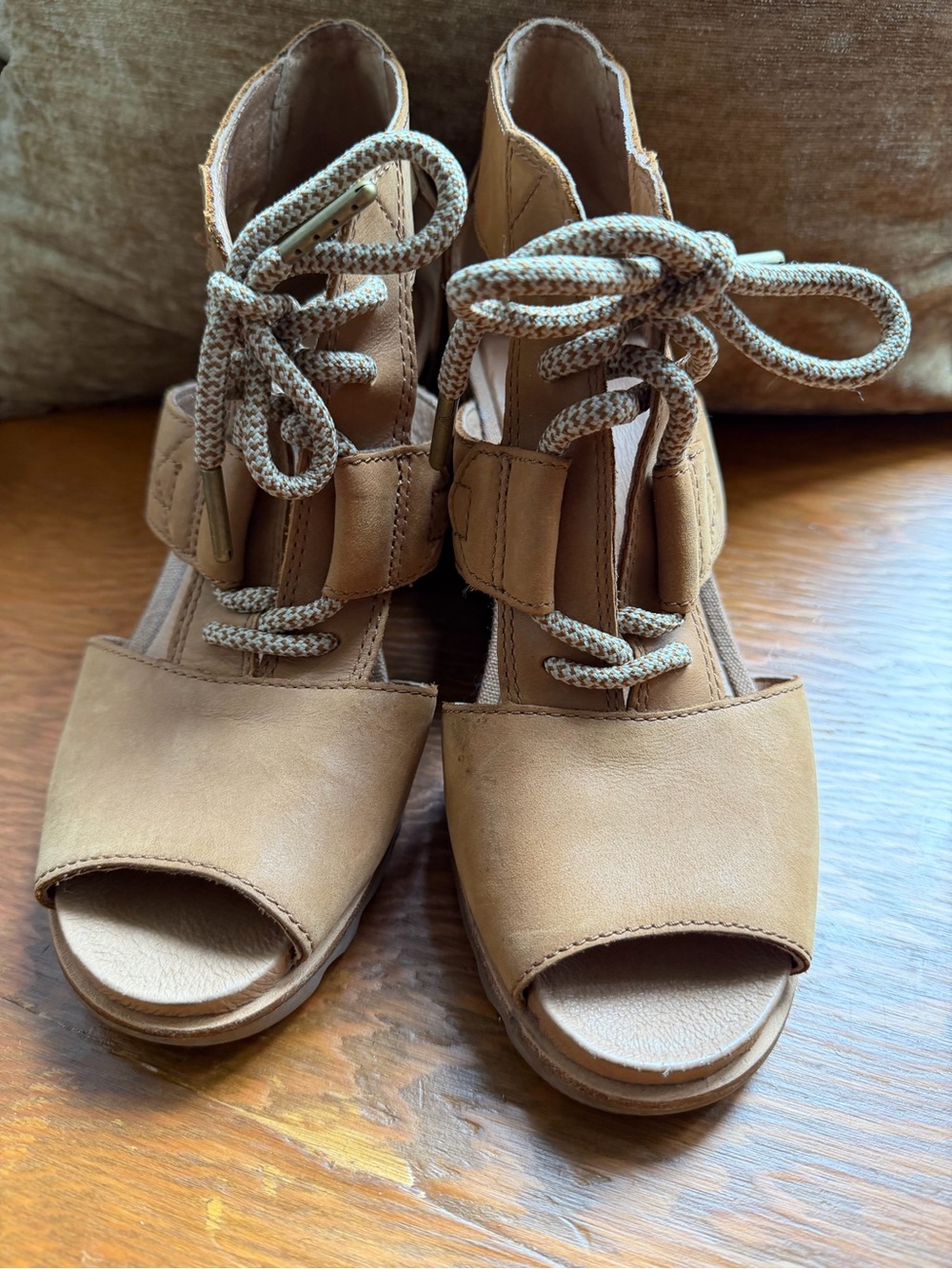 Sorel Tan Lace-Up Open-Toe Wedge Sandals